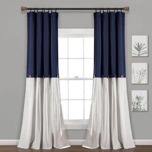 Lush Decor - 95"x40" Farmhouse Linen Button Light Filtering Win Navy/White